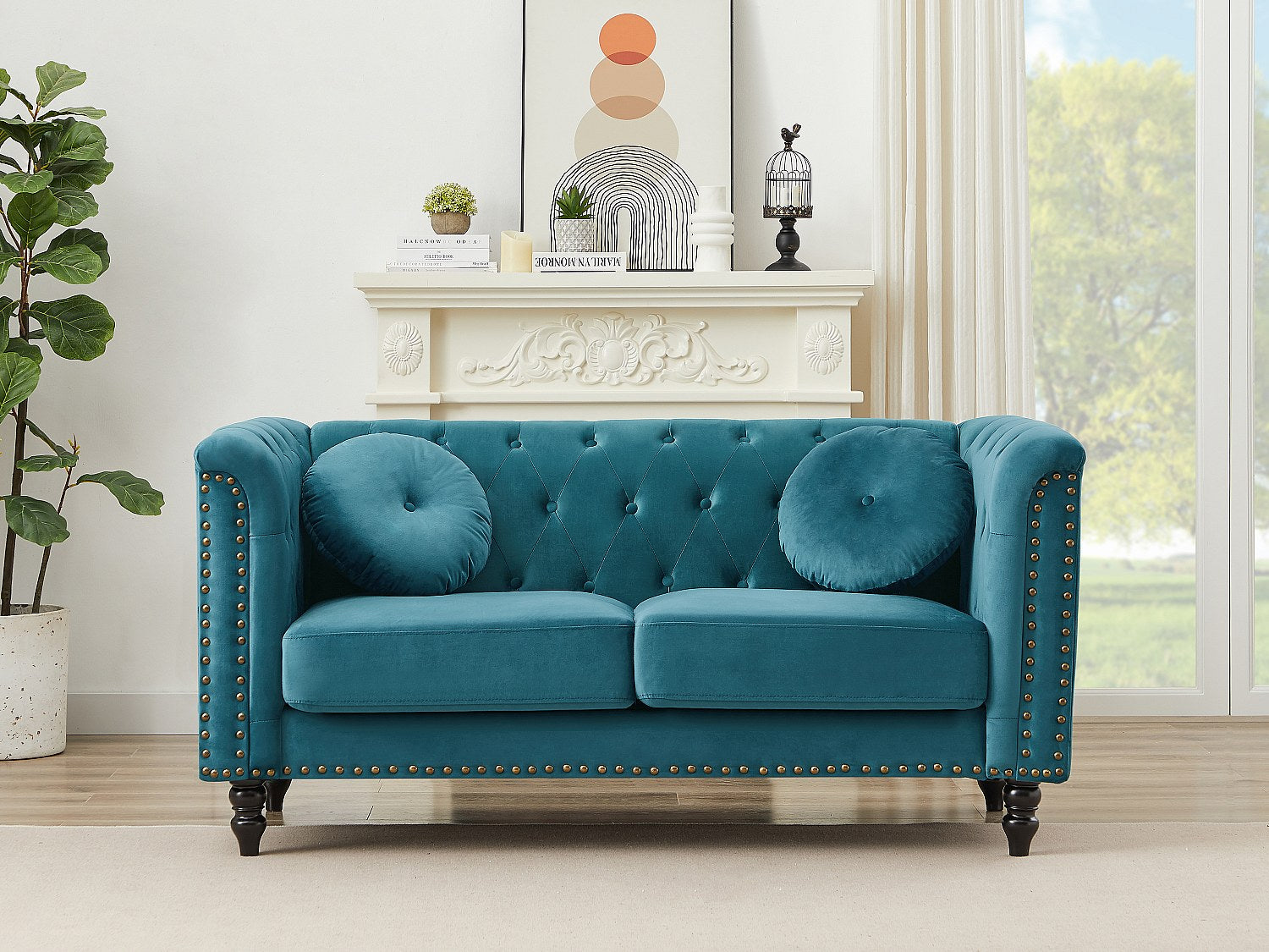 Canapé Chesterfield droit 2 places bleu velours - Turner