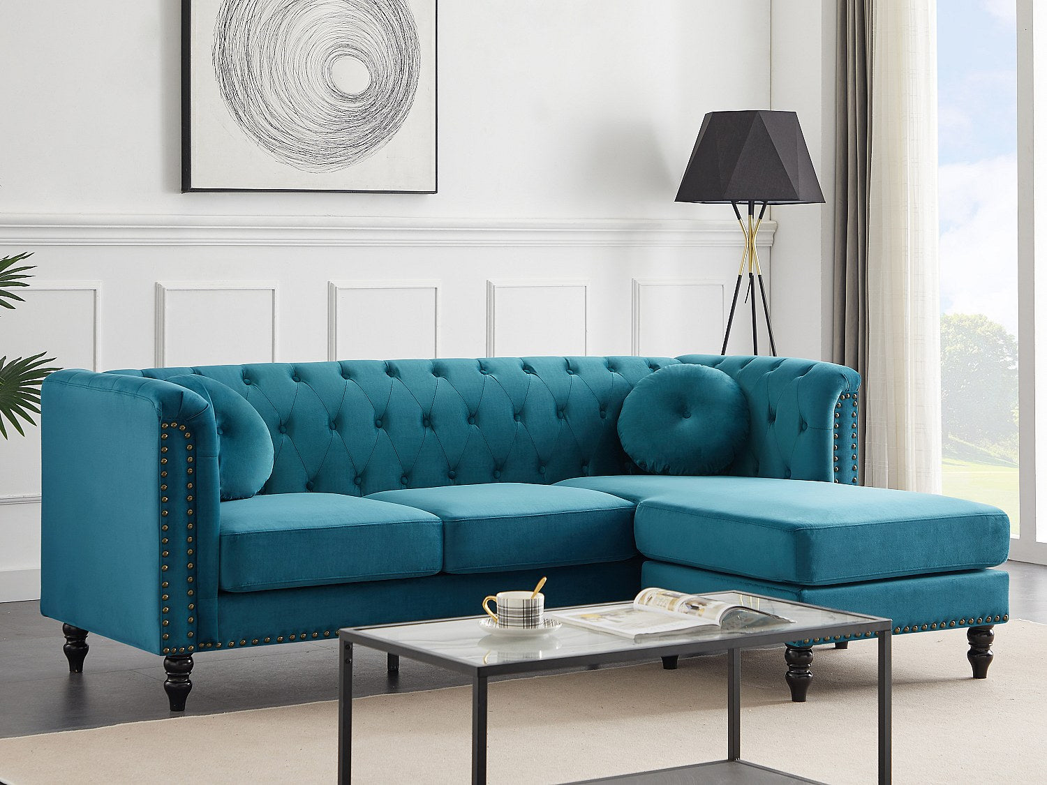 Canapé Chesterfield angle bleu velours - Turner