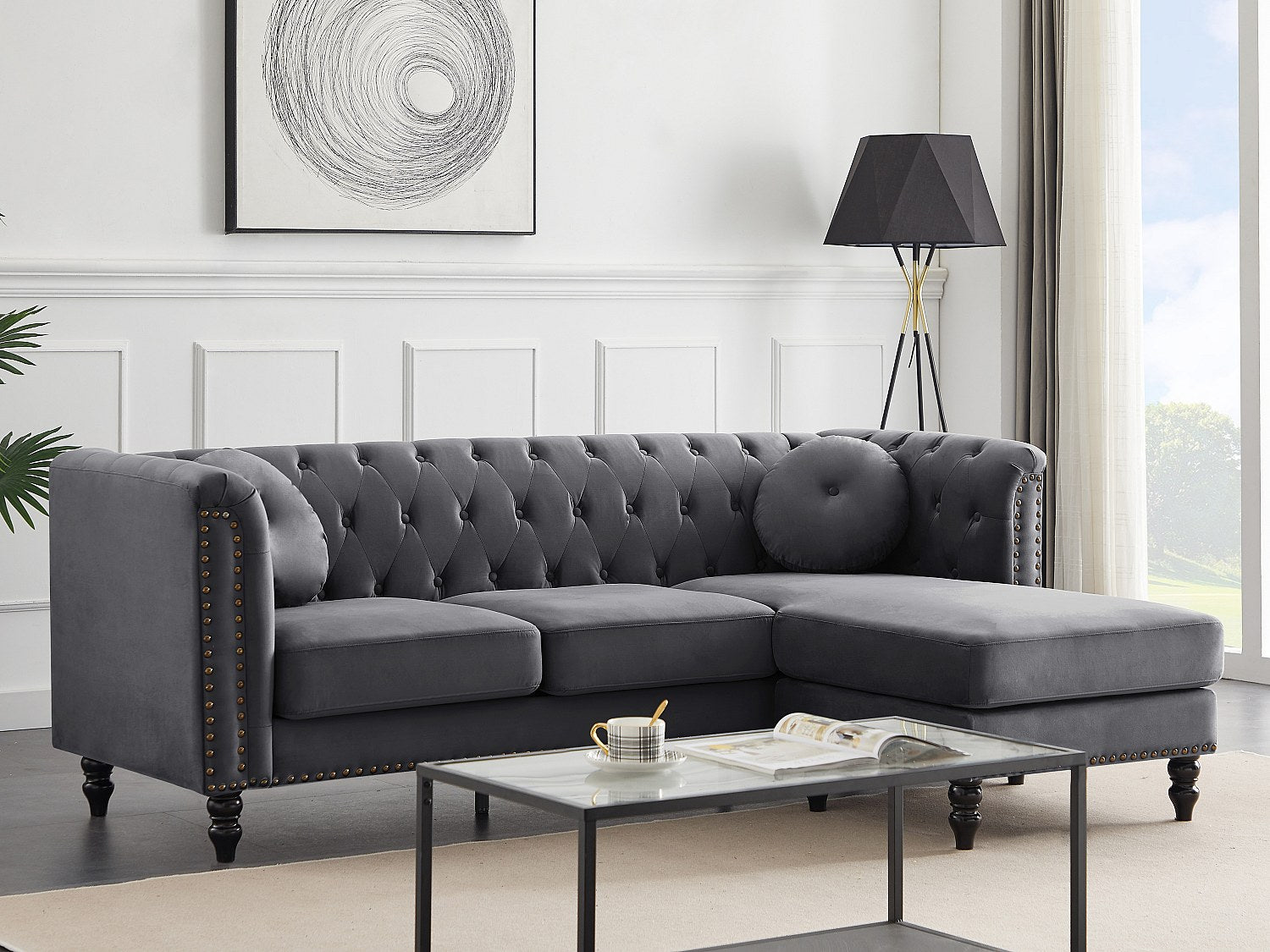 Canapé Chesterfield angle gris velours - Turner