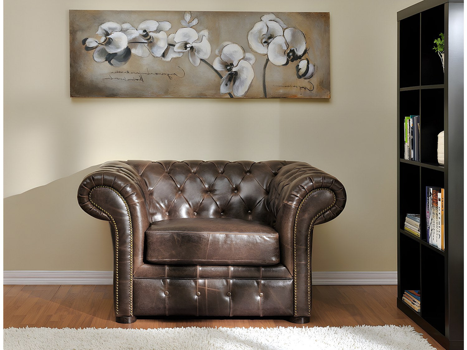Fauteuil Chesterfield marron cuir - Clotaire