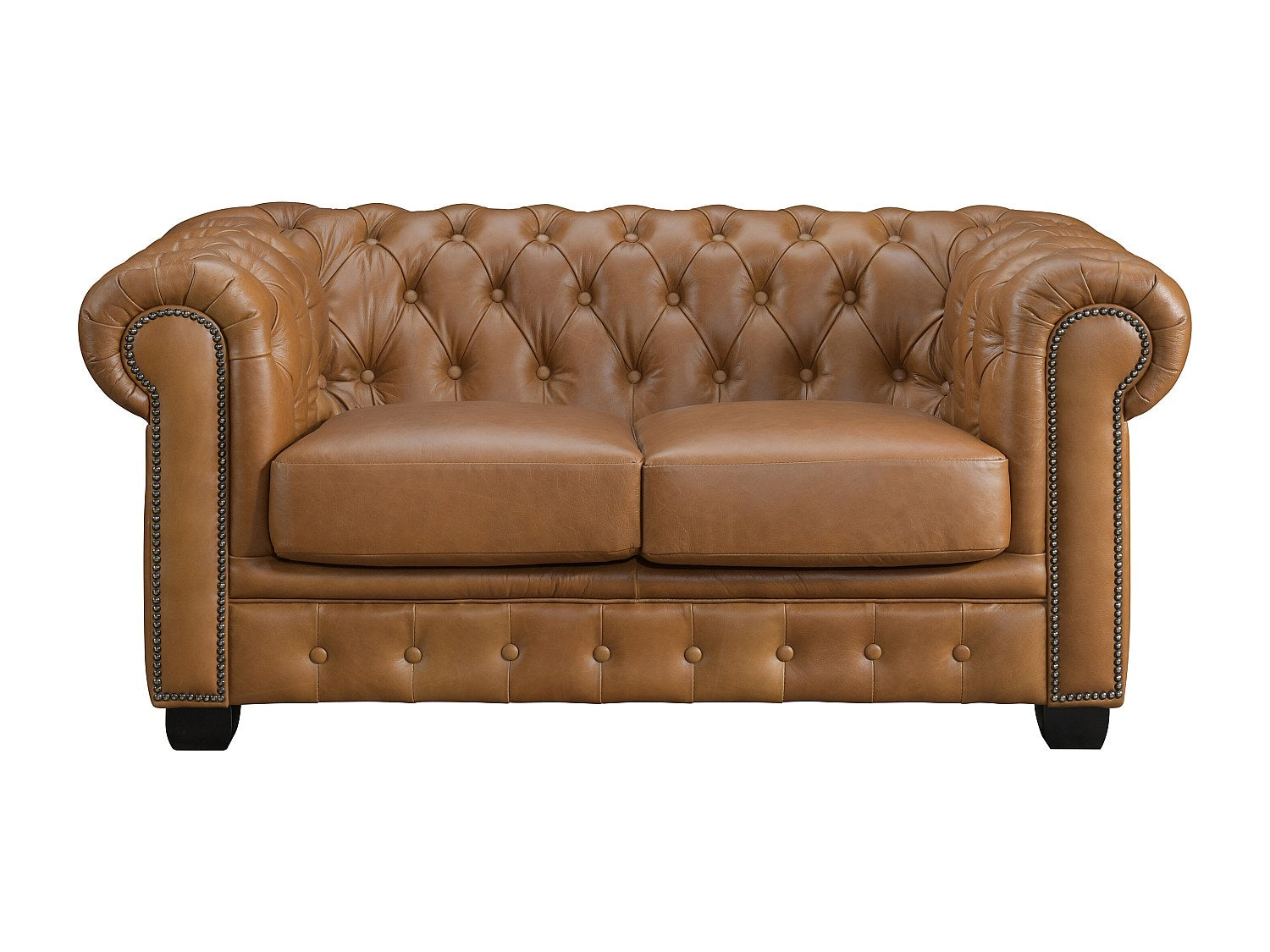 Canapé Chesterfield droit 2 places marron cuir - Brenton
