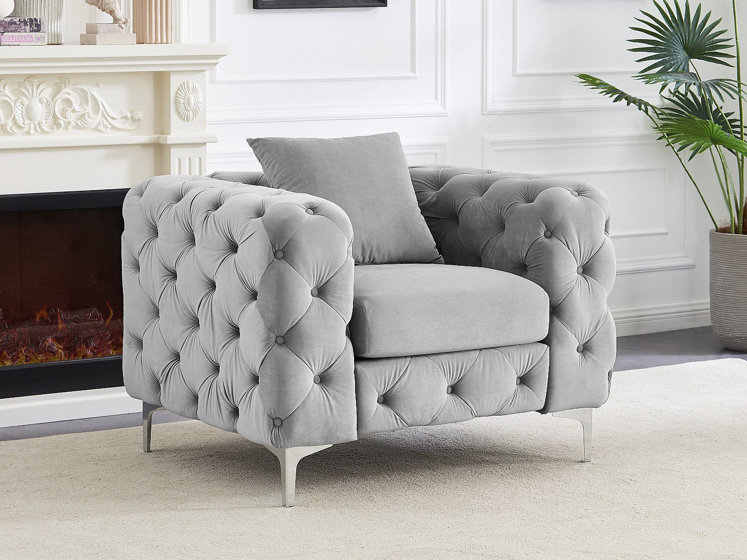 Fauteuil Chesterfield gris velours - Edwina