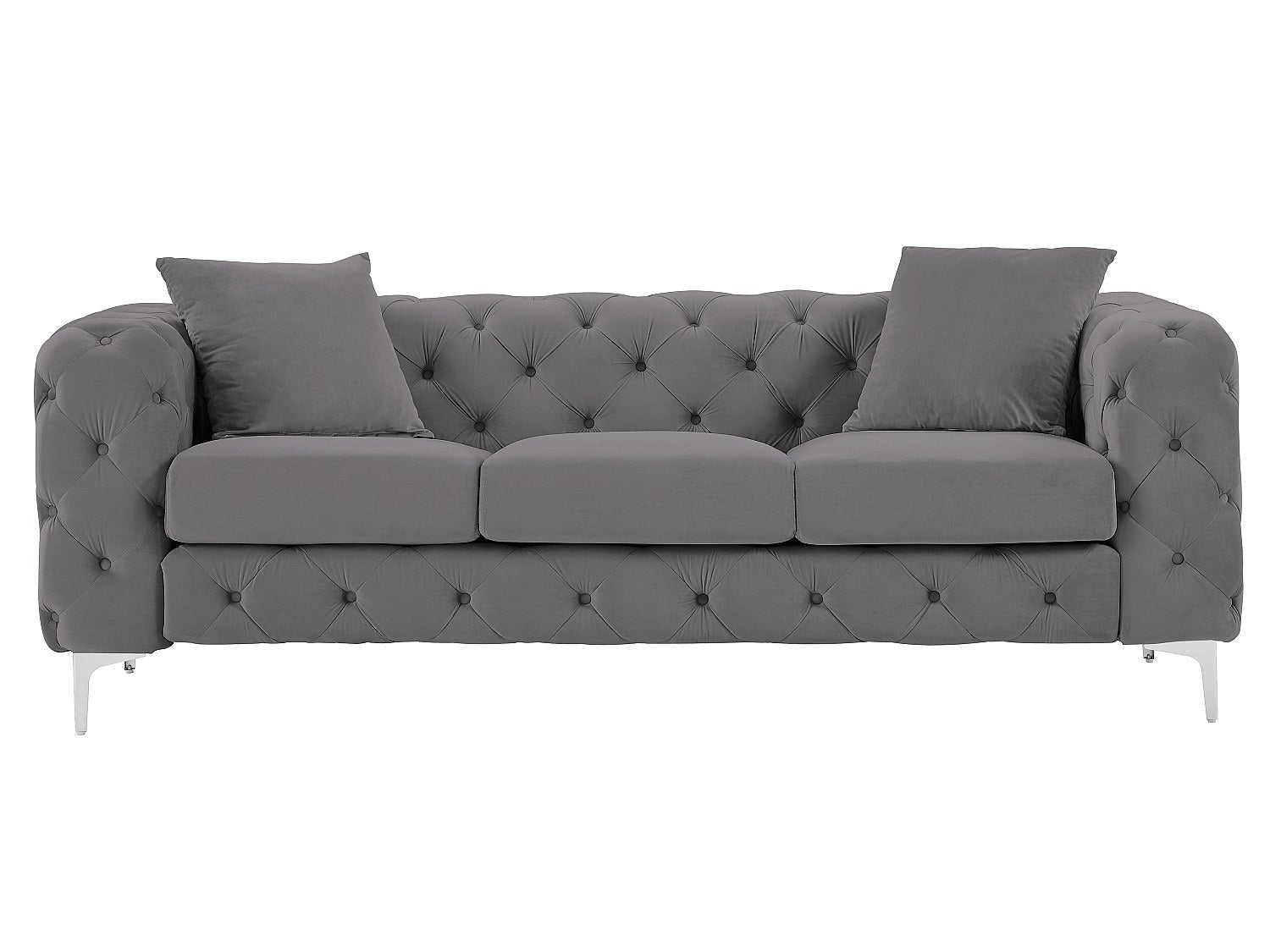Canapé Chesterfield droit 3 places gris velours - Edwina