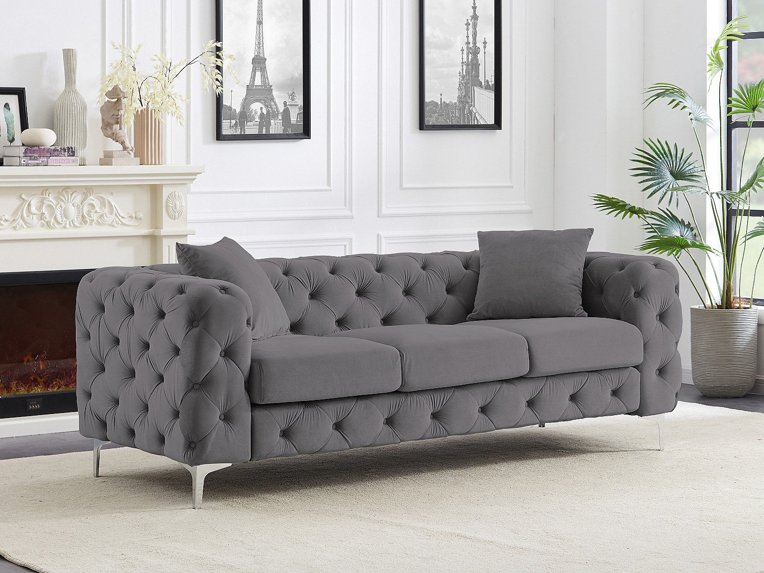 Canapé Chesterfield droit 3 places gris velours - Edwina