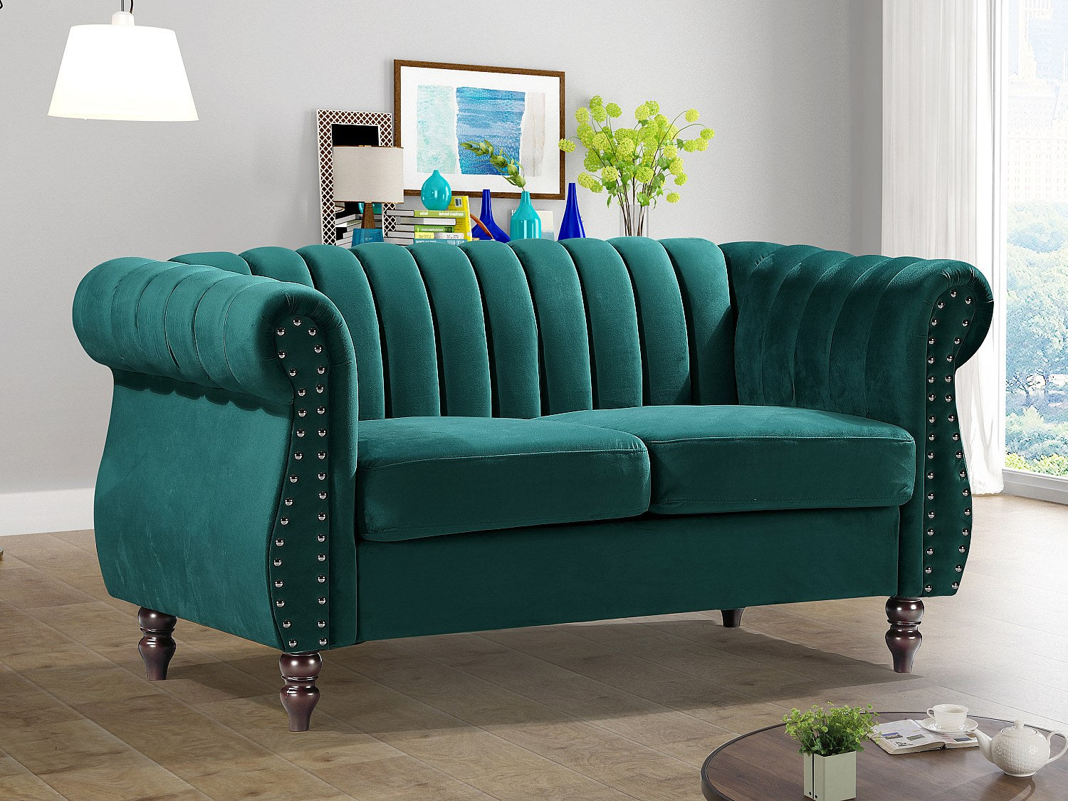 Canapé Chesterfield droit 2 places vert velours - Trumbo