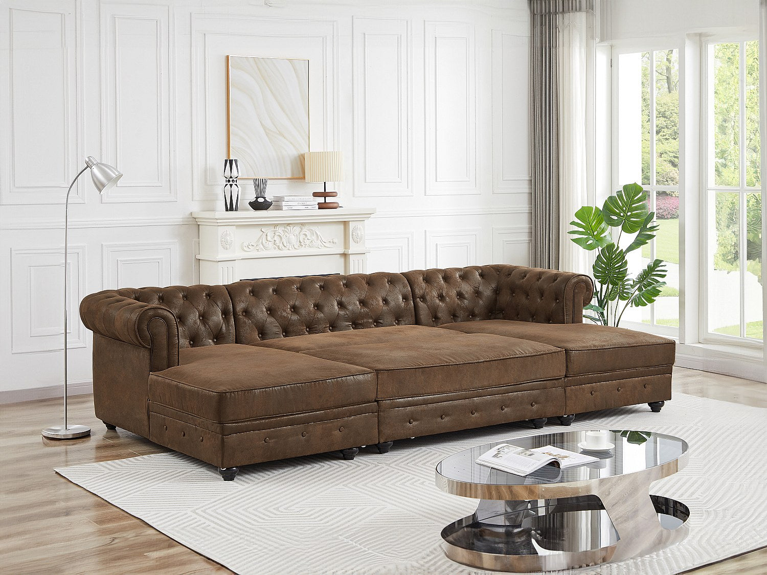Canapé Chesterfield panoramique marron tissu