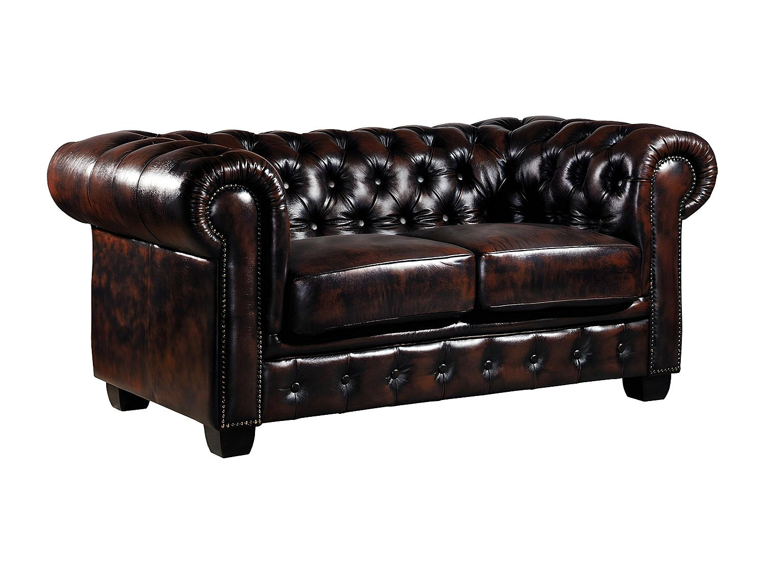 Canapé Chesterfield droit 2 places marron cuir - Brenton