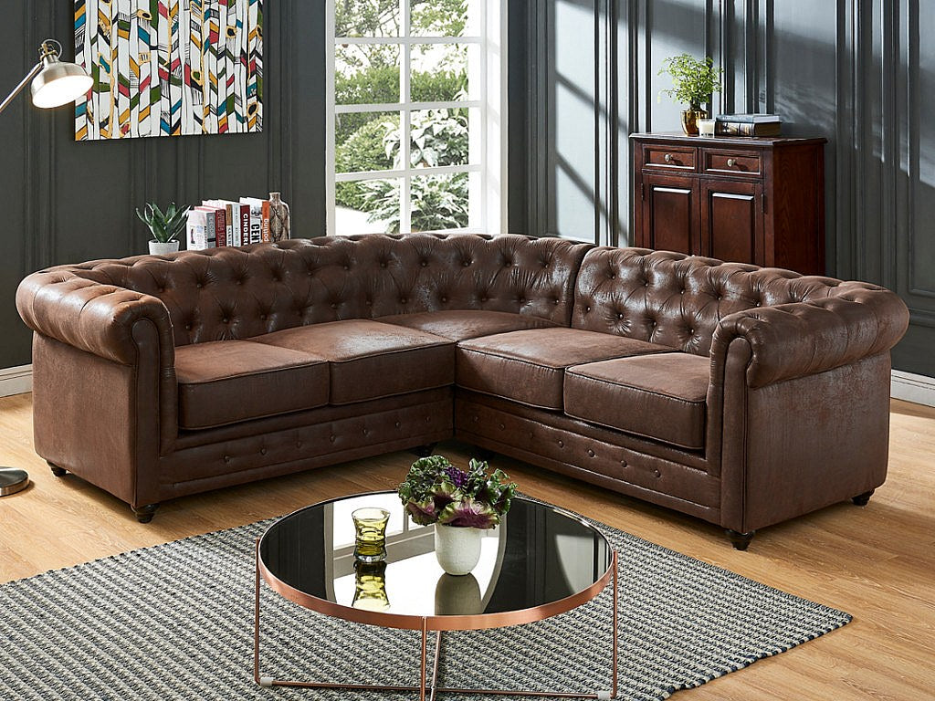 Canapé Chesterfield angle marron tissu
