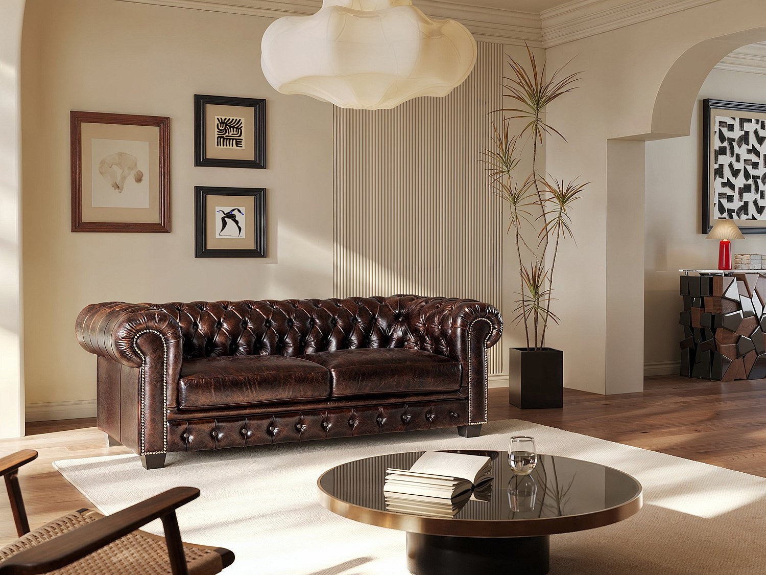 Canapé Chesterfield droit 3 places marron cuir - Brenton