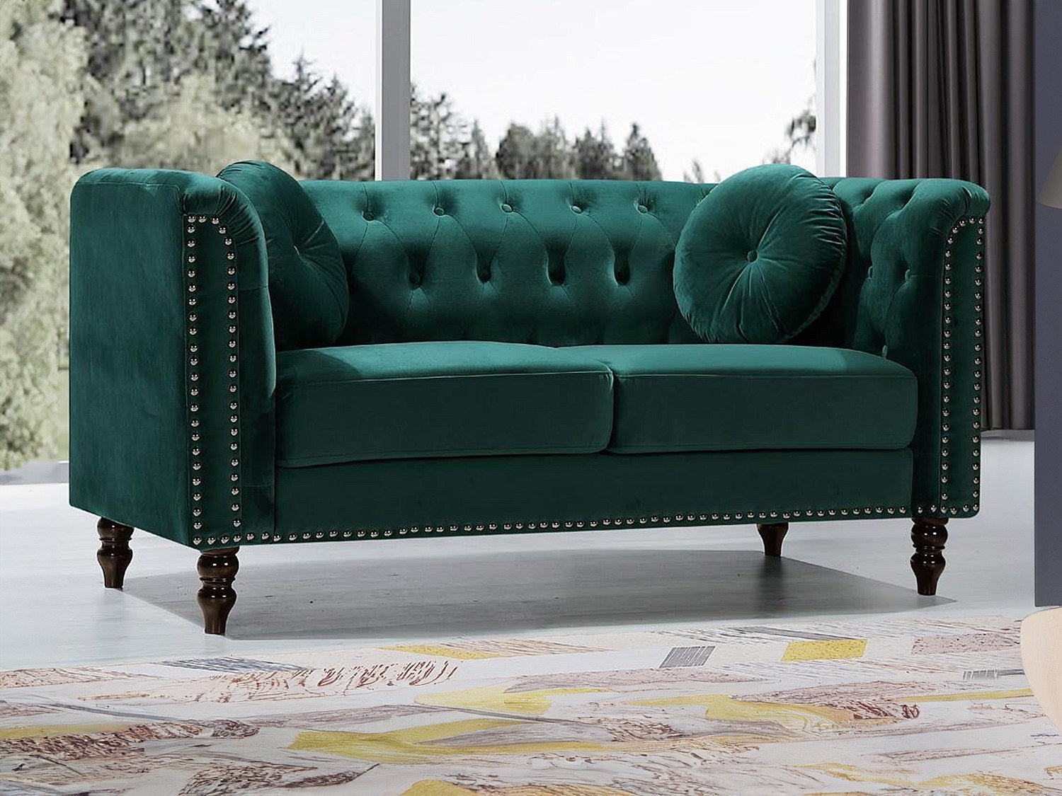 Canapé Chesterfield droit 2 places vert velours - Turner