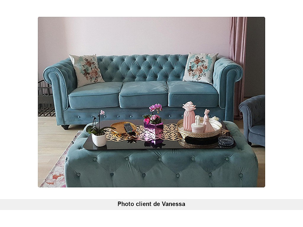 Canapé Chesterfield droit 3 places bleu velours