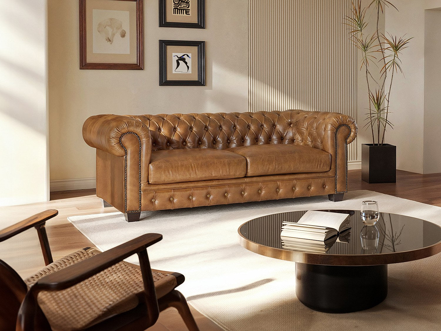 Canapé Chesterfield droit 3 places marron cuir - Brenton