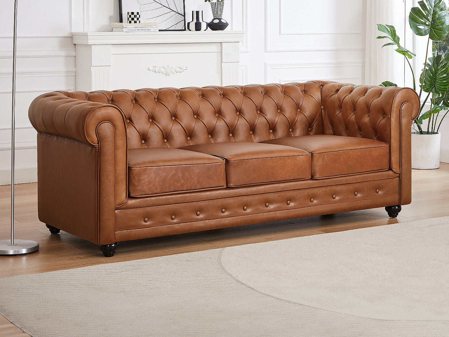 Canapé Chesterfield droit 3 places marron cuir