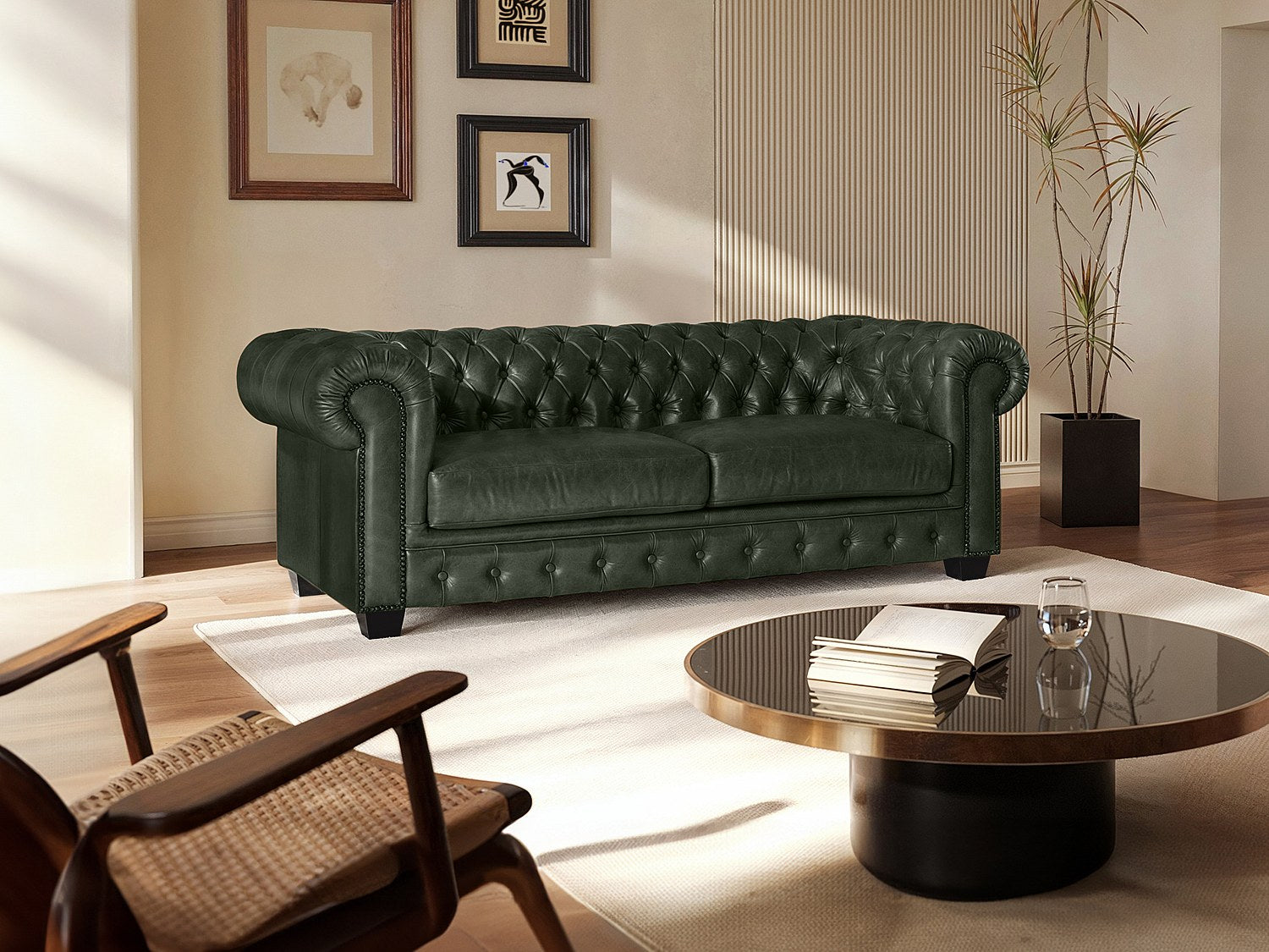 Canapé Chesterfield droit 3 places vert cuir - Brenton