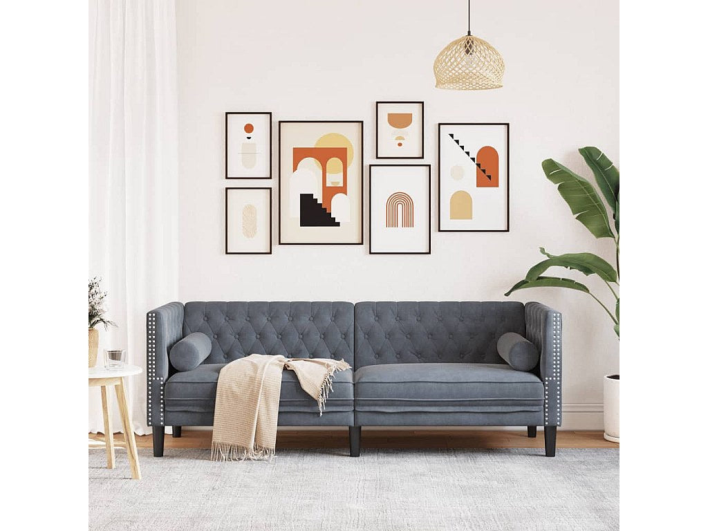 Canapé Chesterfield droit 3 places gris velours