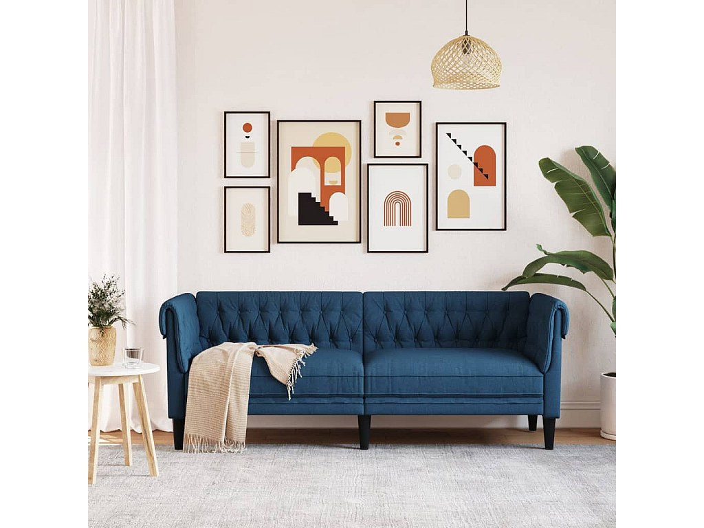 Canapé Chesterfield droit 3 places bleu tissu