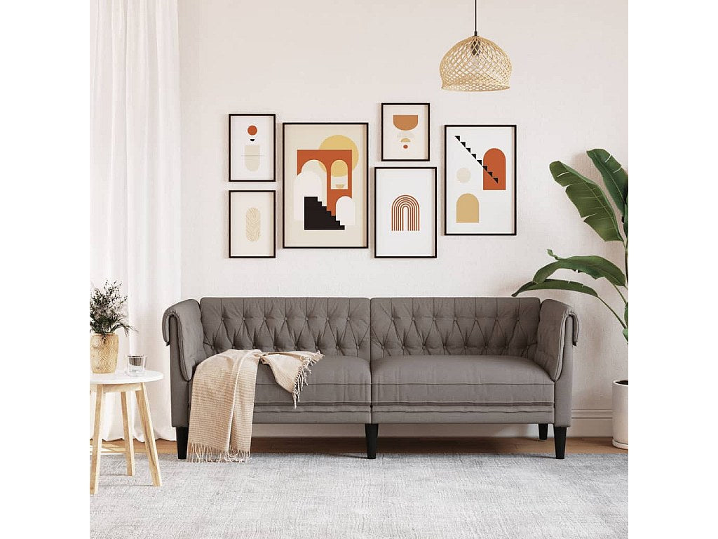 Canapé Chesterfield droit 3 places taupe tissu