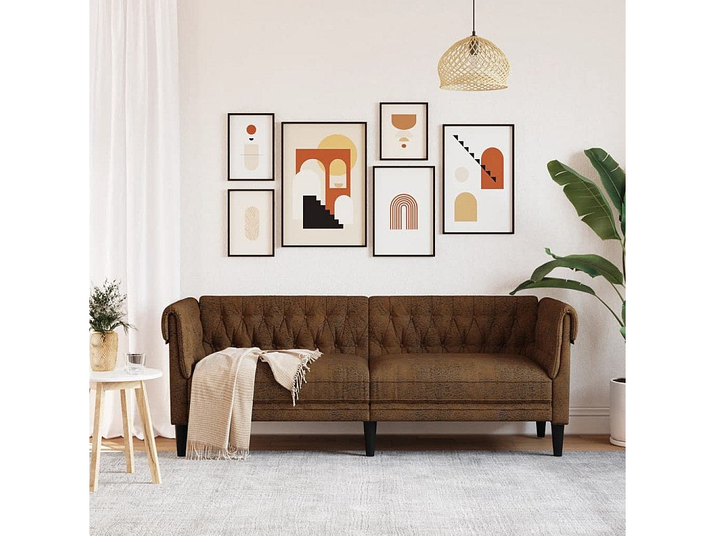 Canapé Chesterfield droit 3 places marron tissu