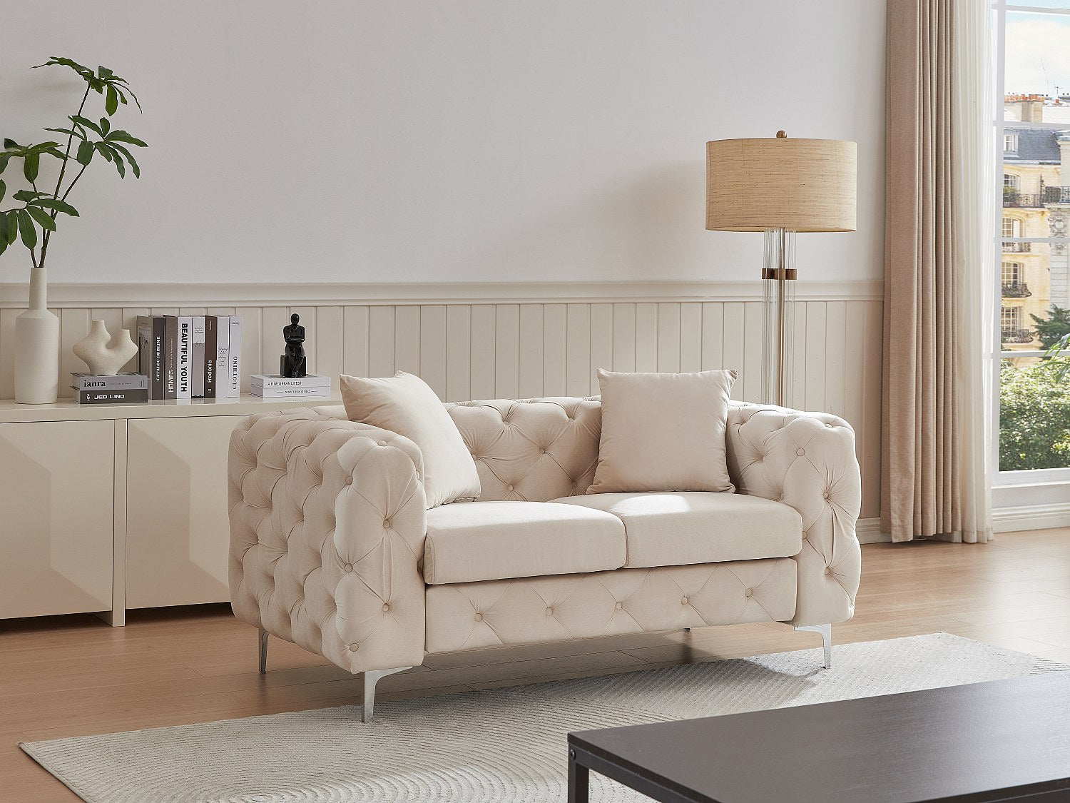 Canapé Chesterfield droit 2 places beige velours - Edwina