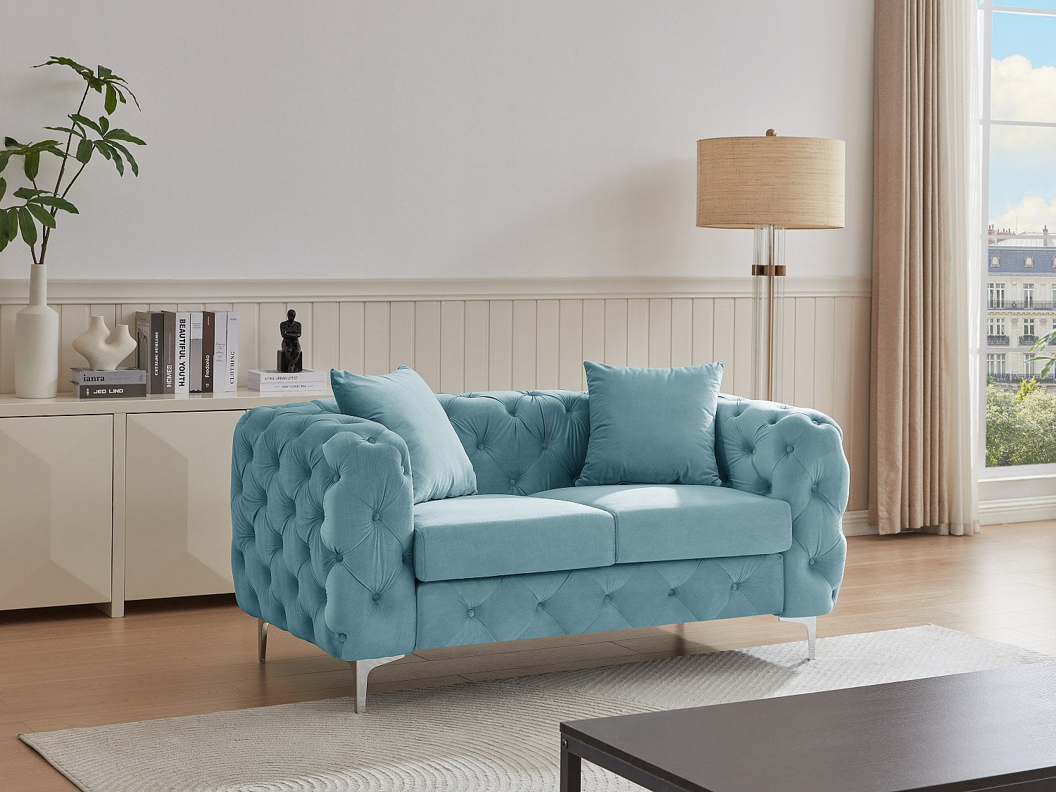 Canapé Chesterfield droit 2 places bleu velours - Edwina
