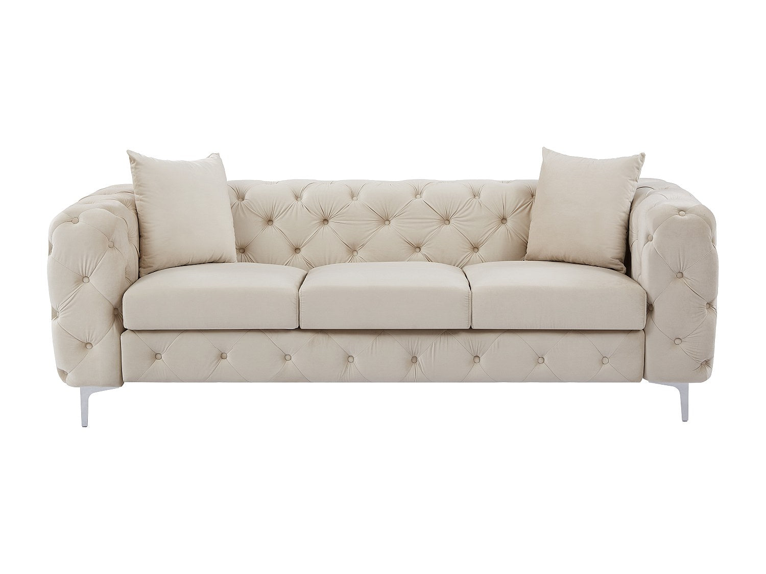 Canapé Chesterfield droit 3 places beige velours - Edwina