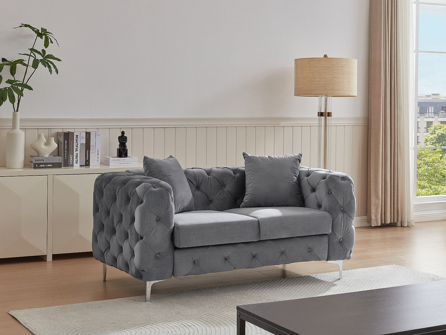 Canapé Chesterfield droit 2 places gris velours - Edwina