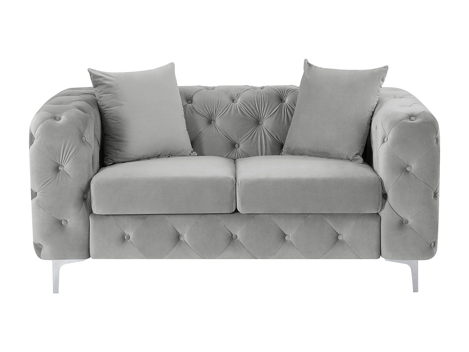 Canapé Chesterfield droit 2 places gris velours - Edwina