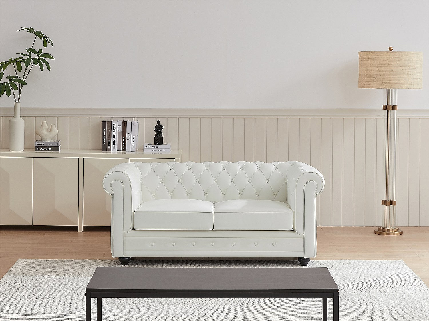 Canapé Chesterfield droit 2 places blanc cuir