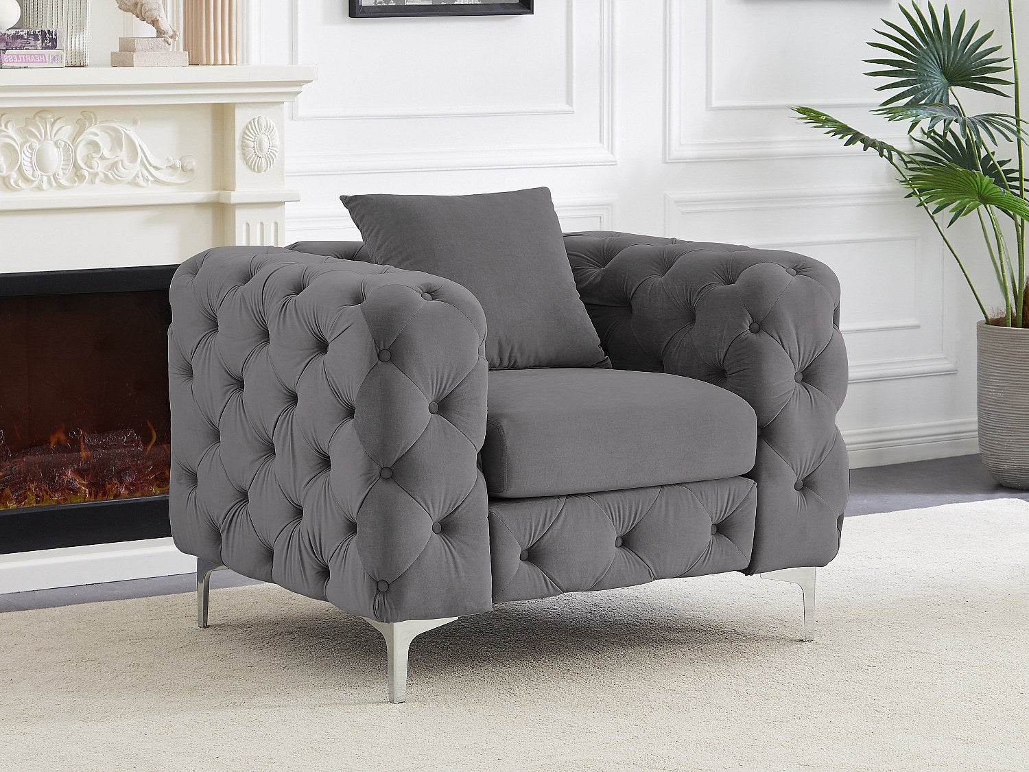 Fauteuil Chesterfield gris velours - Edwina