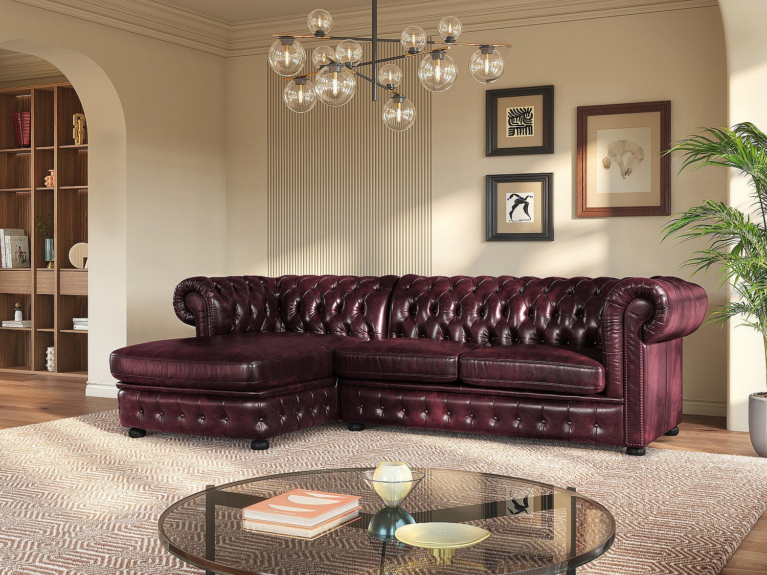 Canapé Chesterfield angle rouge cuir - Brenton