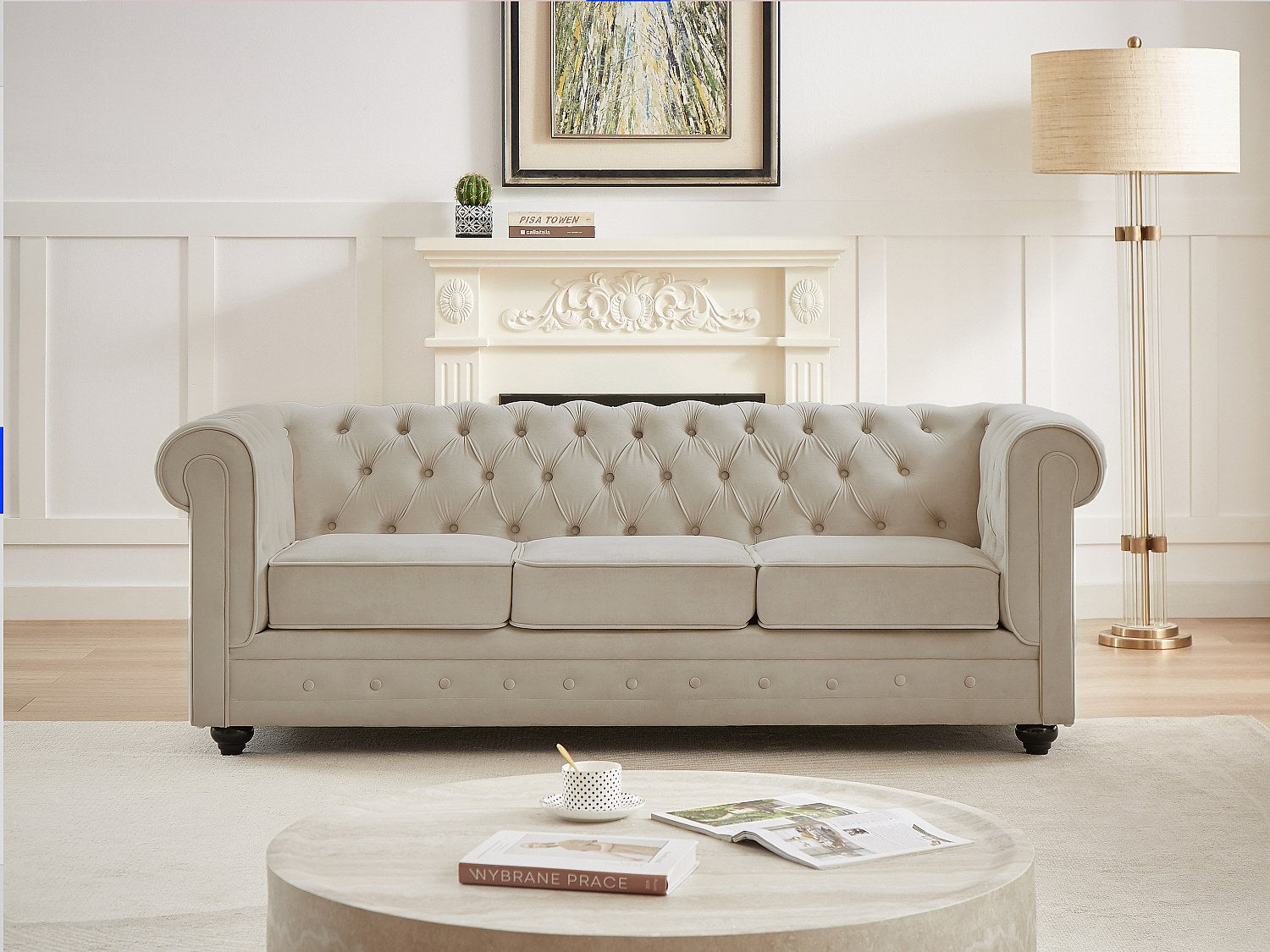 Canapé Chesterfield droit 3 places beige velours