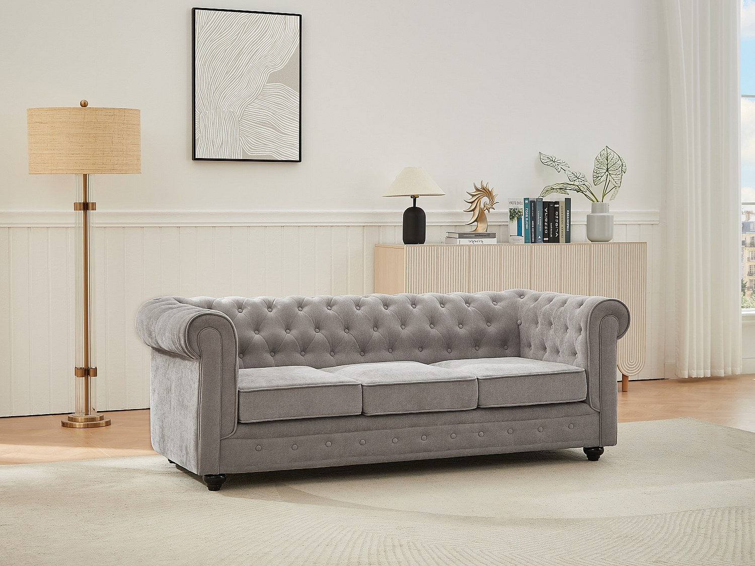 Canapé Chesterfield droit 3 places gris tissu
