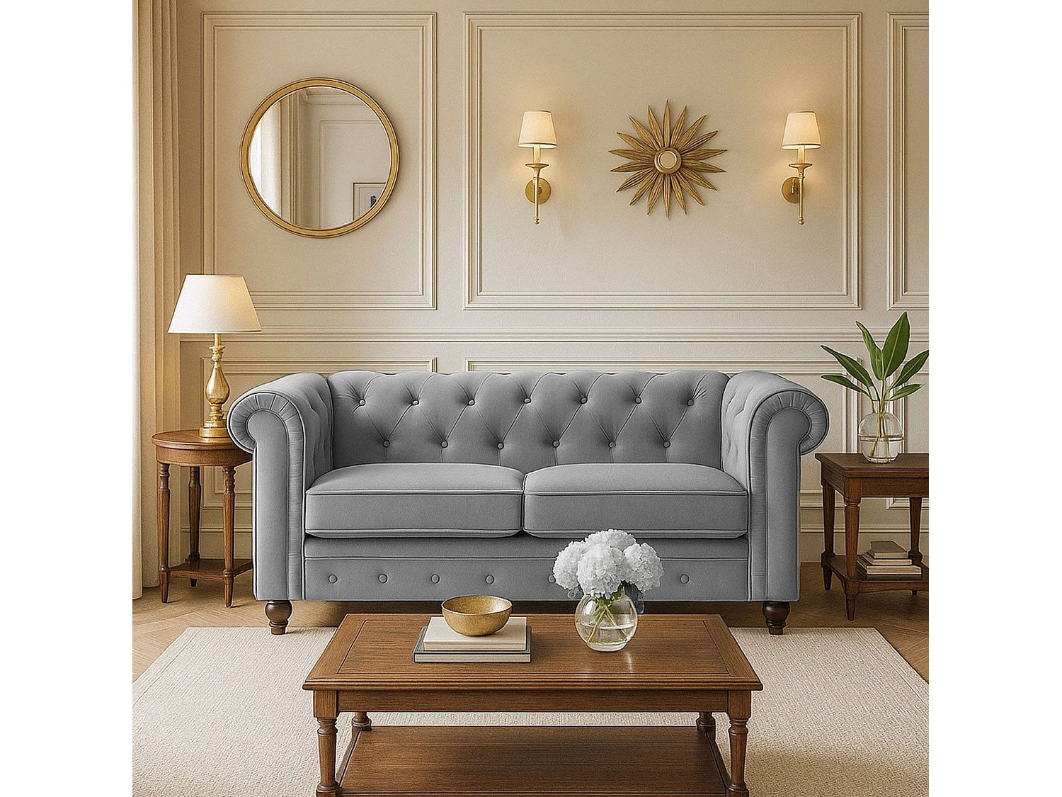 Canapé Chesterfield droit 2 places gris velours