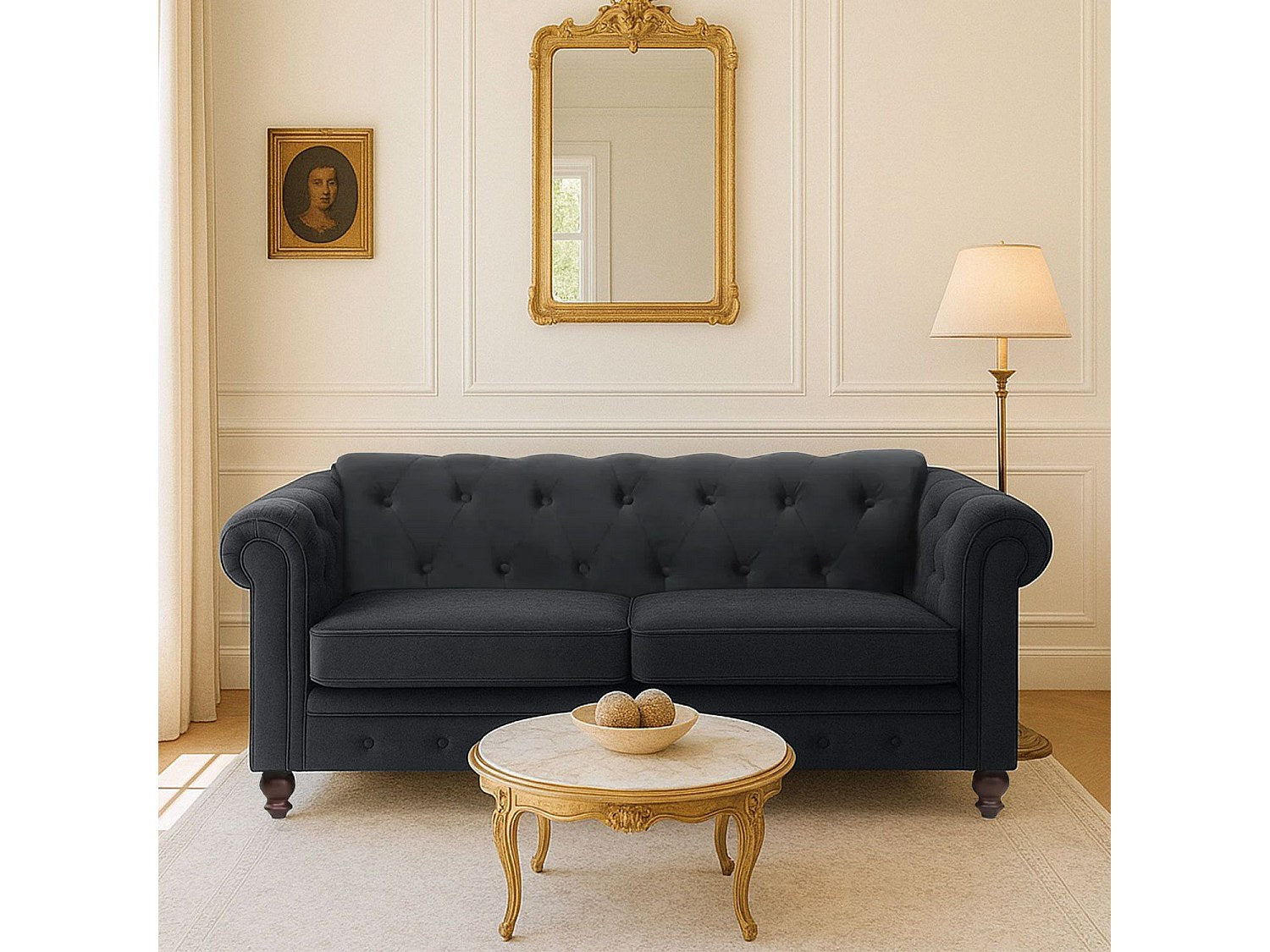 Canapé Chesterfield droit 2 places noir velours
