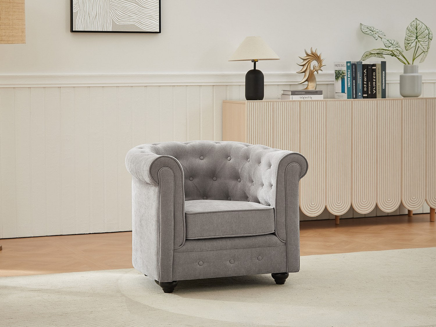 Fauteuil Chesterfield gris tissu