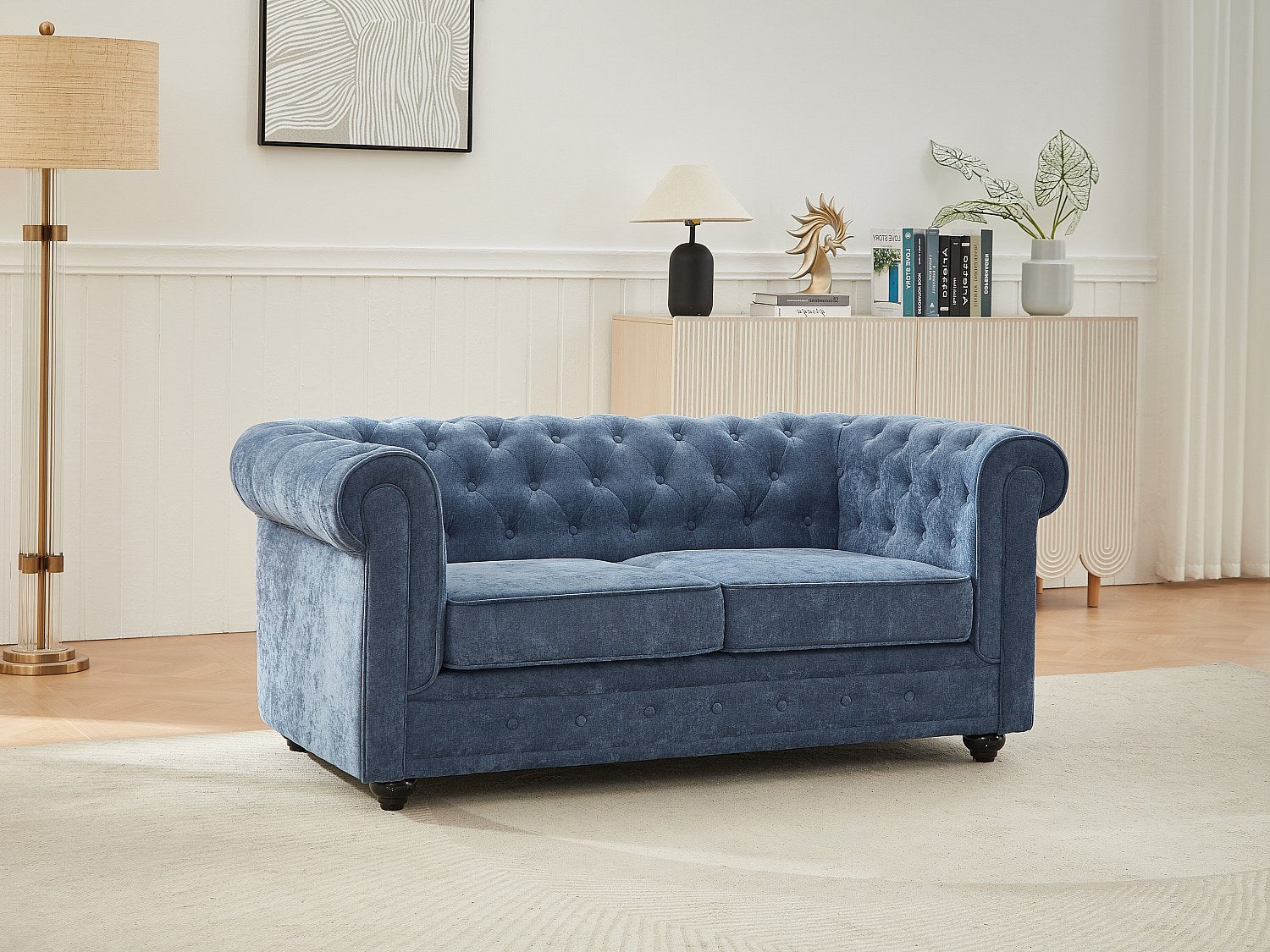 Canapé Chesterfield droit 2 places bleu tissu