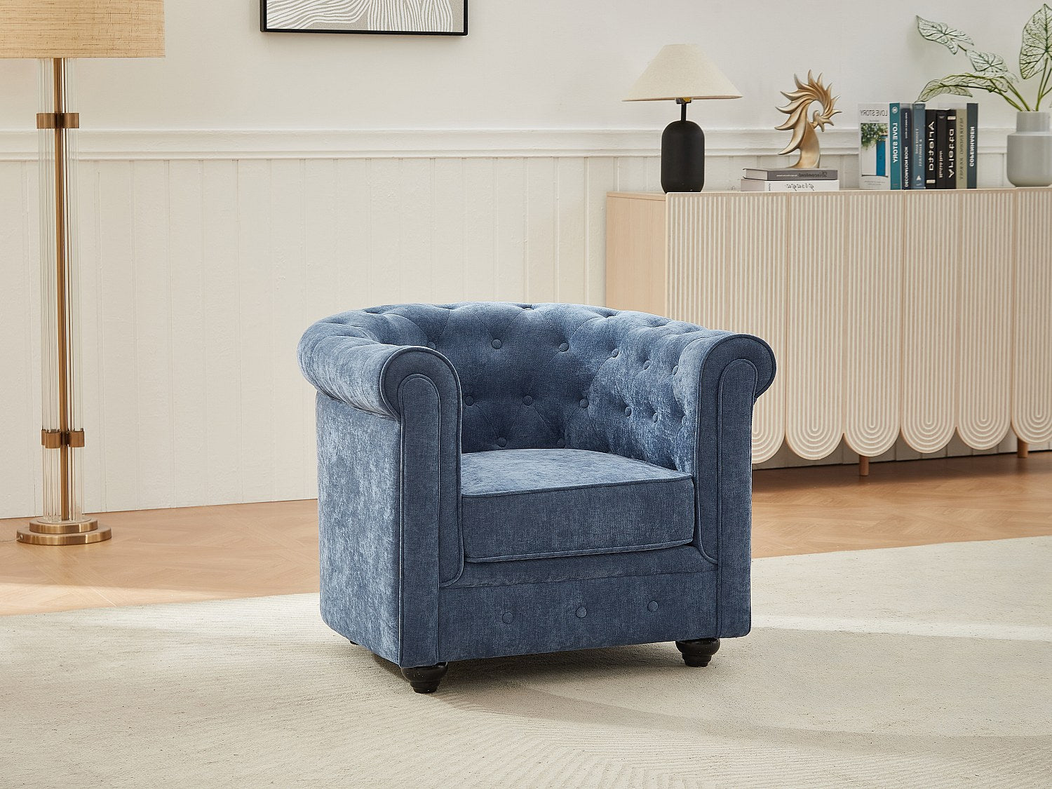 Fauteuil Chesterfield bleu tissu