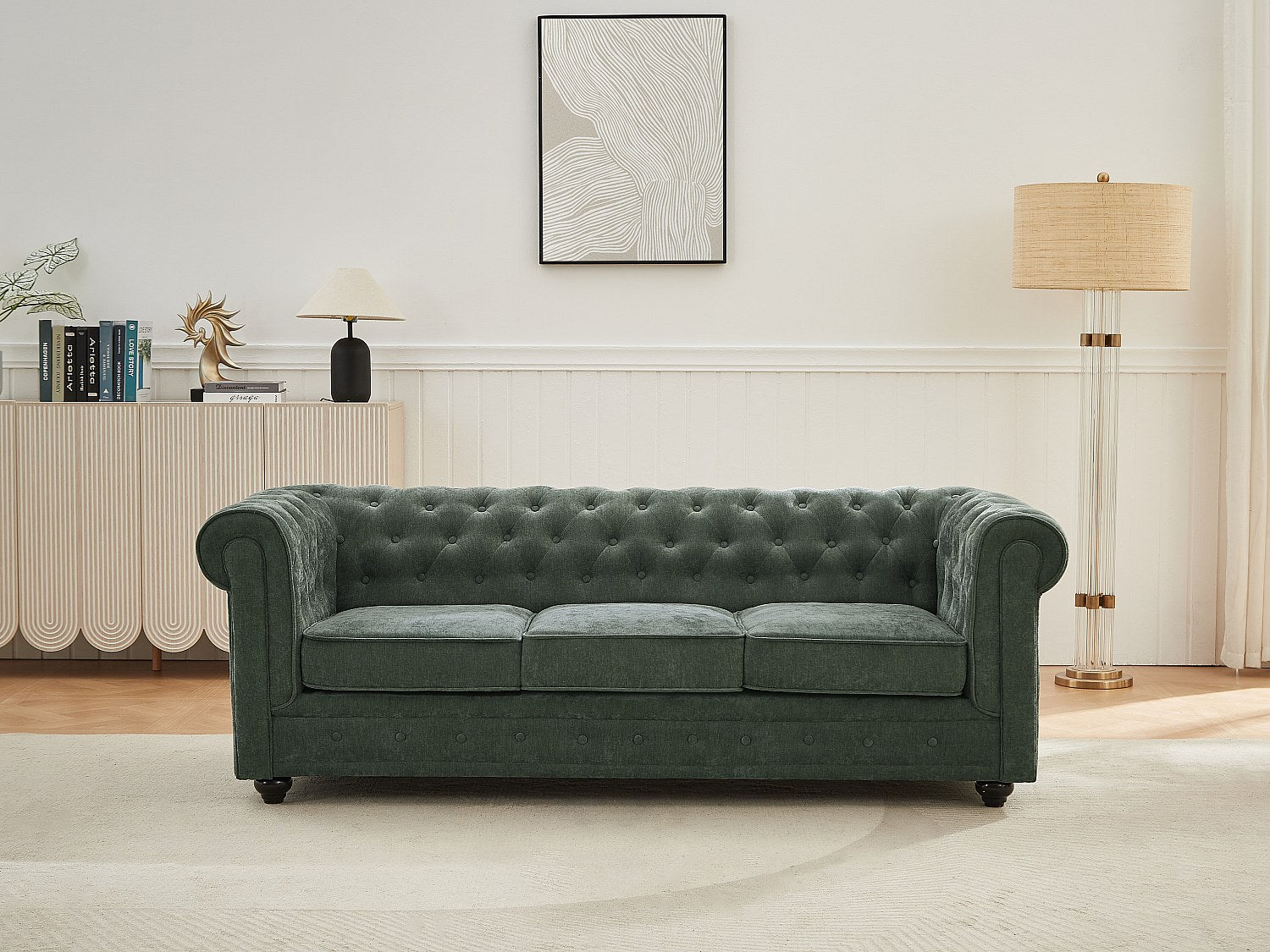 Canapé Chesterfield droit 3 places vert tissu