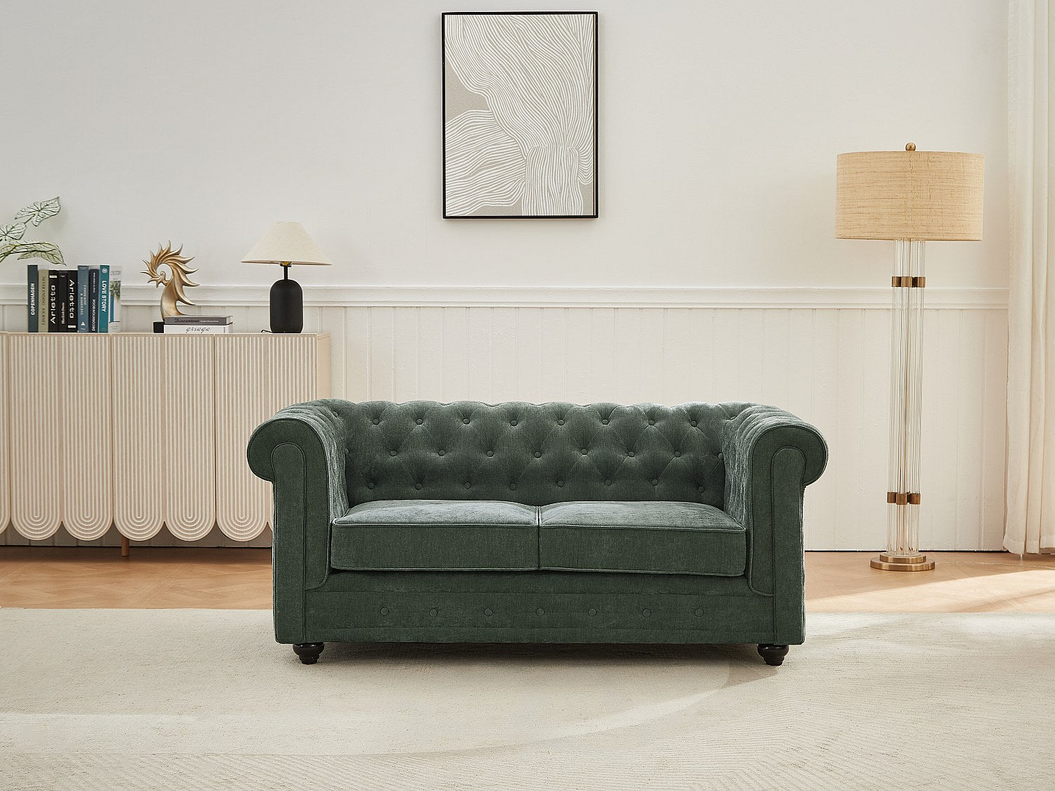 Canapé Chesterfield droit 2 places vert tissu