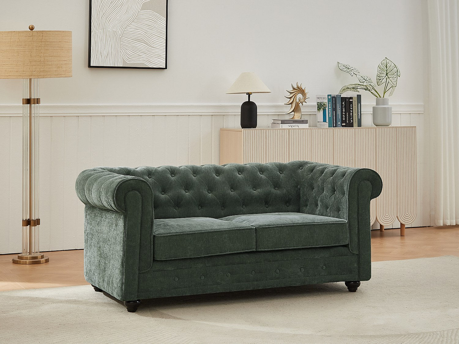 Canapé Chesterfield droit 2 places vert tissu