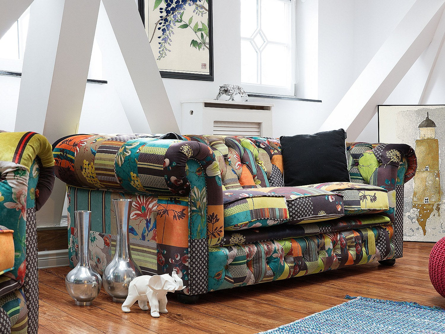 Canapé Chesterfield droit 3 places jaune tissu