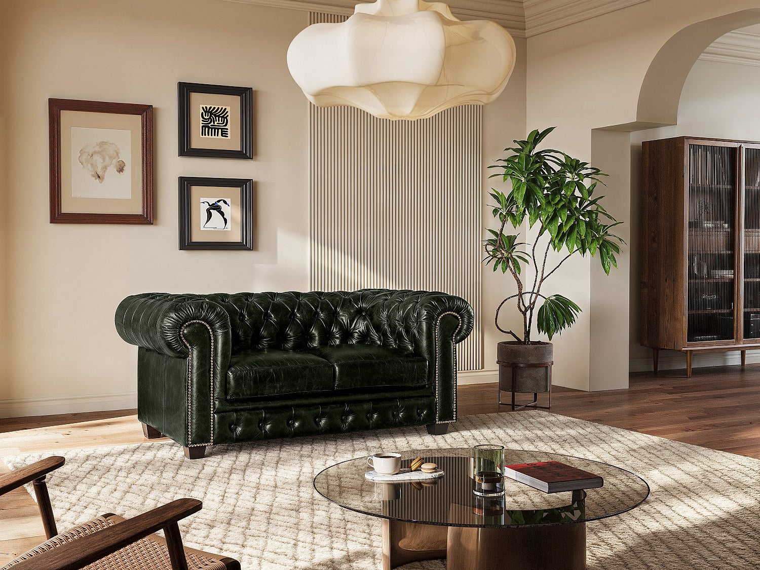 Canapé Chesterfield droit 2 places vert cuir - Brenton
