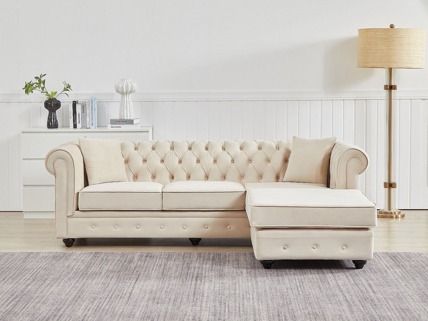 Canapé Chesterfield angle beige velours - Toledo
