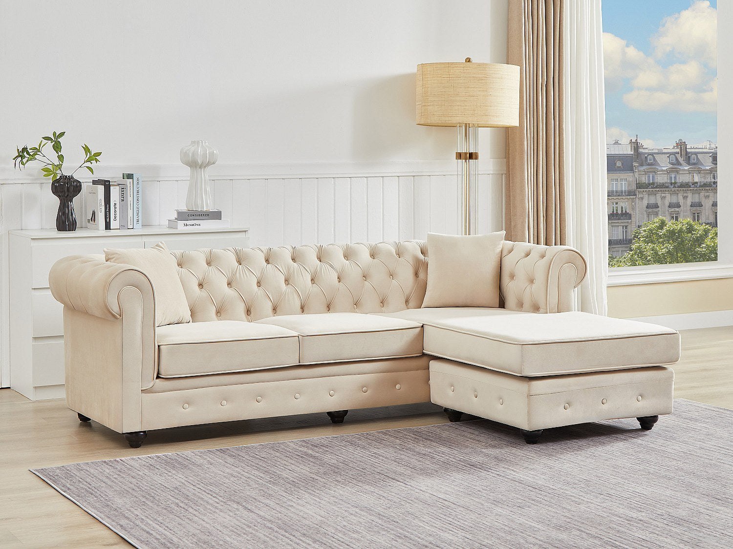 Canapé Chesterfield angle beige velours - Toledo