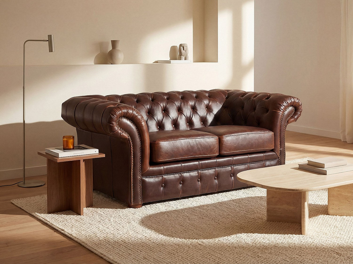 Canapé Chesterfield droit 2 places marron cuir - Clotaire