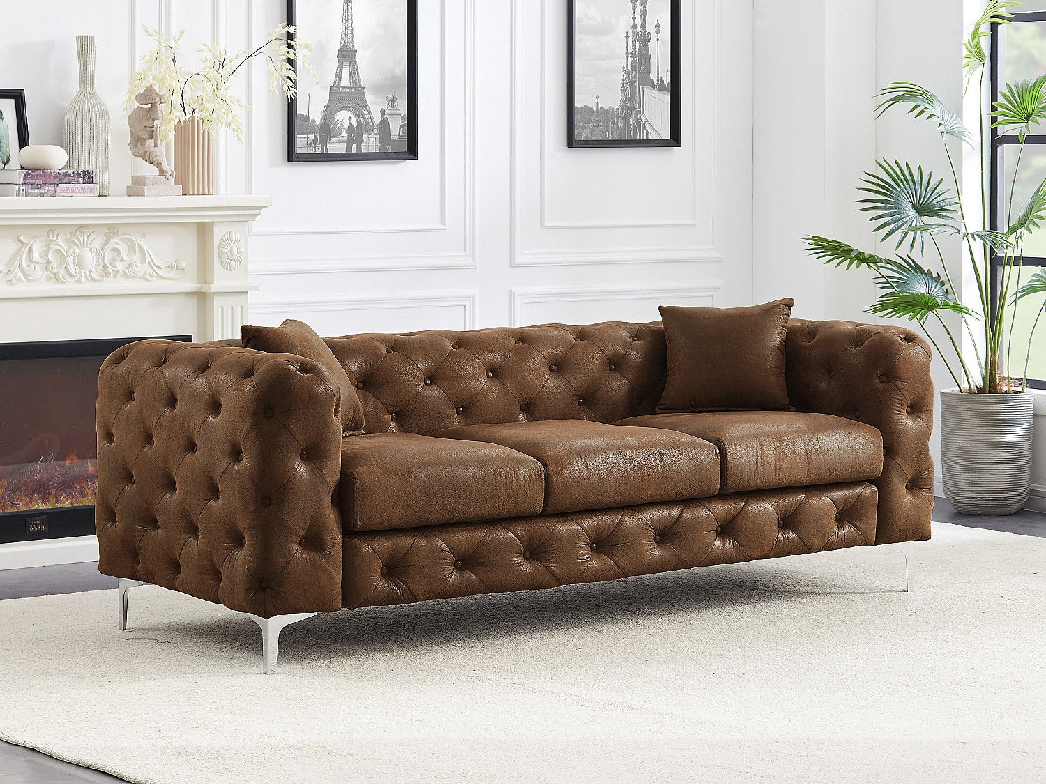 Canapé Chesterfield droit 3 places marron tissu - Edwina