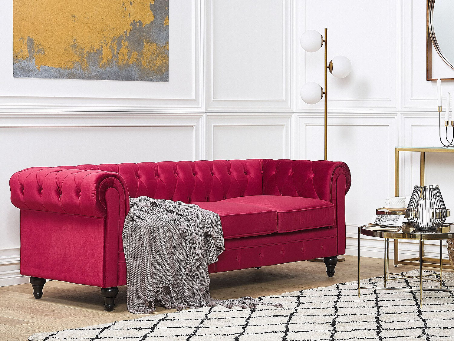 Canapé Chesterfield droit 3 places rouge velours