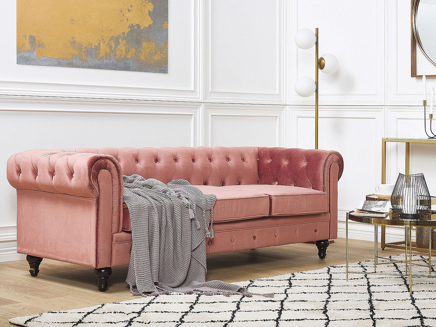 Canapé Chesterfield droit 3 places rose velours
