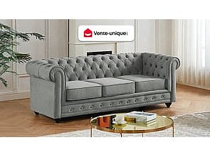 Canapé Chesterfield droit 3 places gris velours