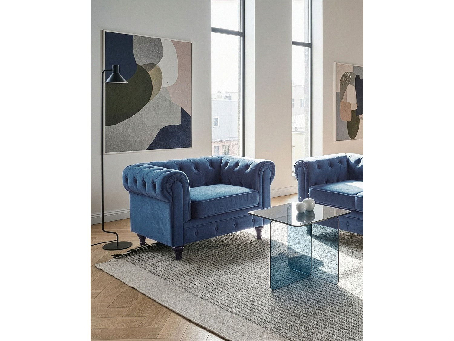 Fauteuil Chesterfield bleu velours